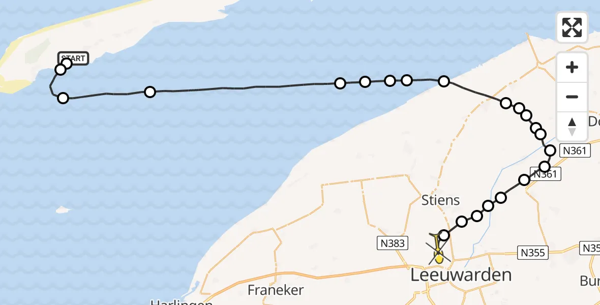 Routekaart van de vlucht: Ambulanceheli naar Vliegbasis Leeuwarden, Westerdijk