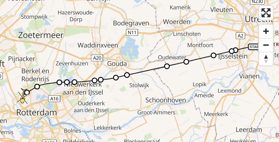 Routekaart van de vlucht: Lifeliner 2 naar Rotterdam The Hague Airport, Overeindseweg