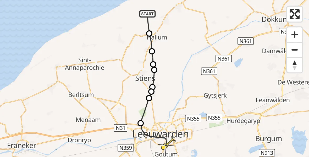 Routekaart van de vlucht: Ambulanceheli naar Leeuwarden, Westerhúslânne
