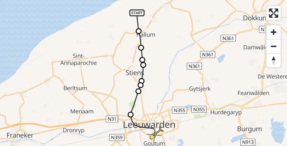 Routekaart van de vlucht: Ambulancehelikopter naar Leeuwarden, Westerhúslânne