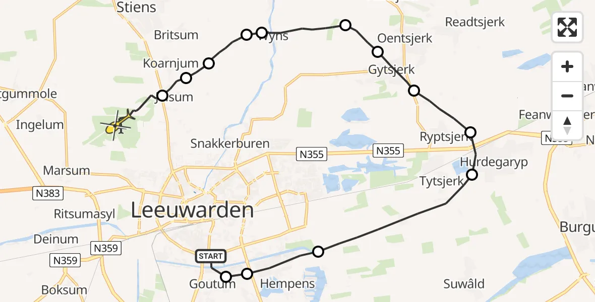 Routekaart van de vlucht: Ambulanceheli naar Vliegbasis Leeuwarden, De Tolve