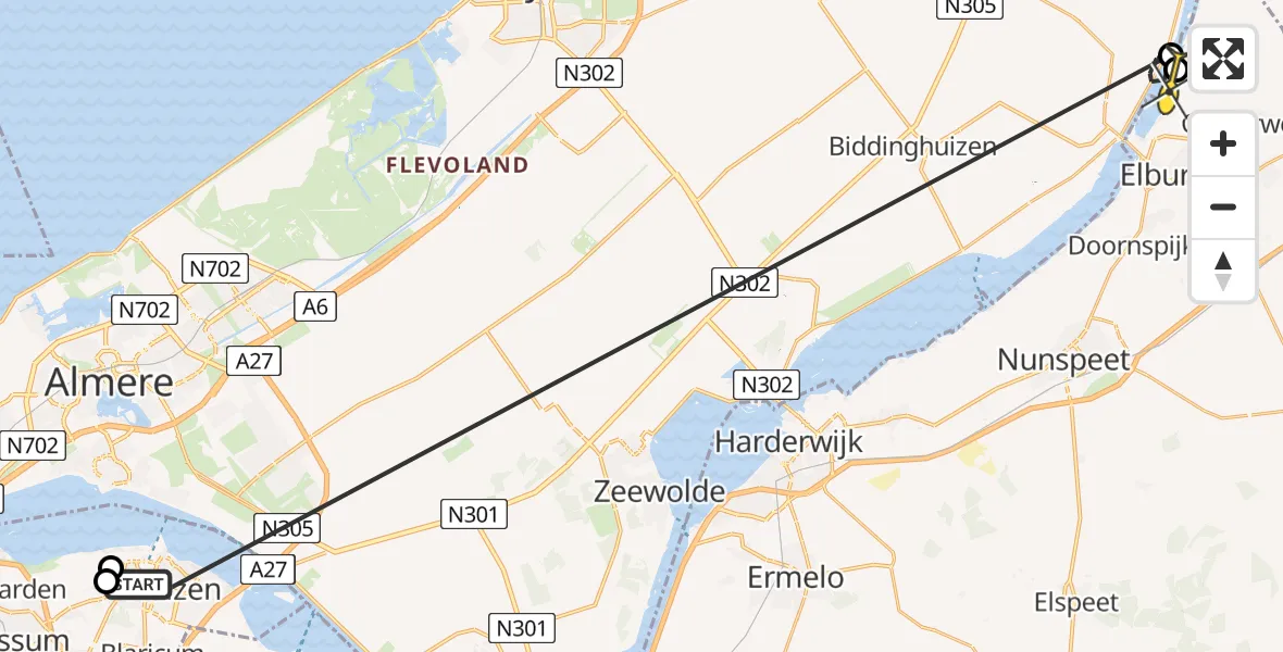 Routekaart van de vlucht: Politiehelikopter naar Dronten, Oud Huizerweg