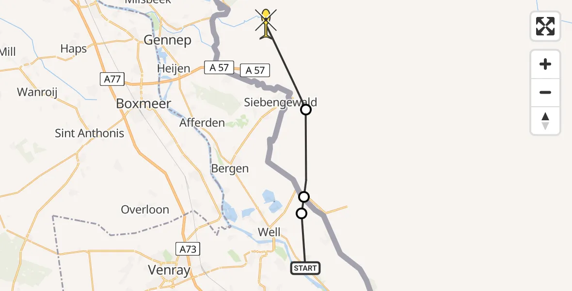 Routekaart van de vlucht: Traumahelikopter naar Goch, Wellsmeer
