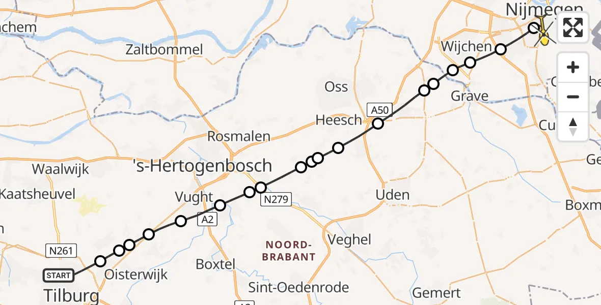 Routekaart van de vlucht: Lifeliner 3 naar Radboud Universitair Medisch Centrum, Kapelstraat