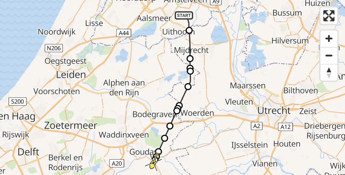 Routekaart van de vlucht: Politiehelikopter naar Haastrecht, Middenweg Bovenkerker Polder