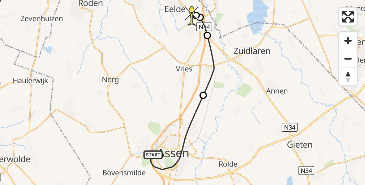 Routekaart van de vlucht: Lifeliner 4 naar Groningen Airport Eelde, Betuwe