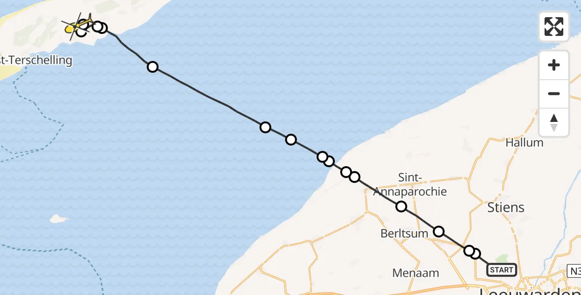 Routekaart van de vlucht: Ambulanceheli naar Midsland, Keegsdijkje