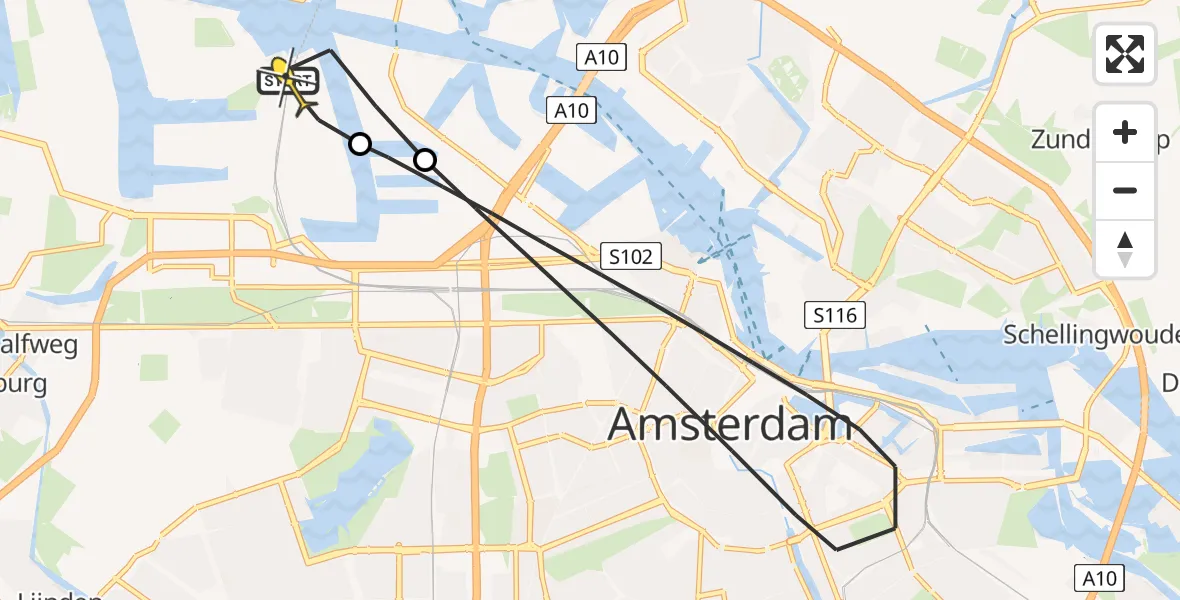 Routekaart van de vlucht: Lifeliner 1 naar Amsterdam Heliport, Westhavenweg