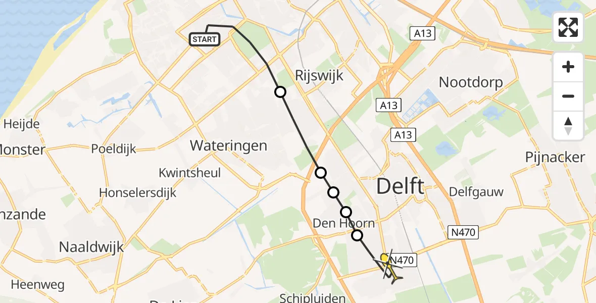 Routekaart van de vlucht: Lifeliner 2 naar Delft, Amerongenstraat