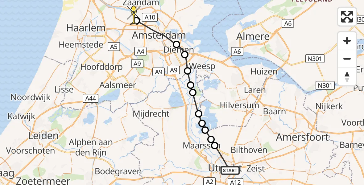 Routekaart van de vlucht: Lifeliner 1 naar Amsterdam Heliport, Wittevrouwensingel