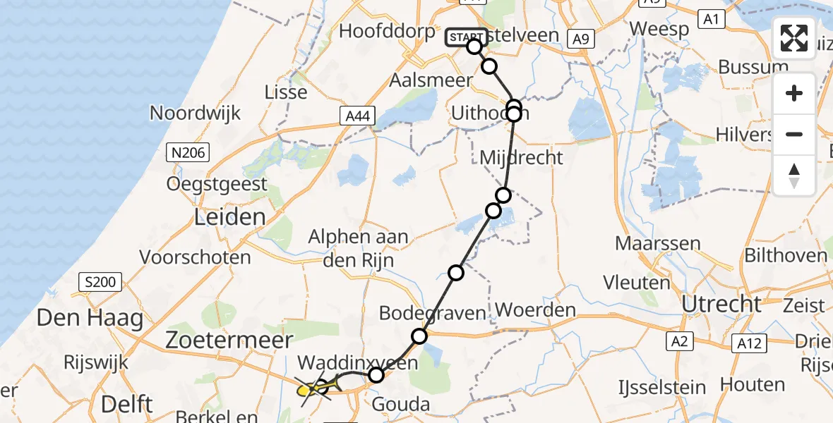 Routekaart van de vlucht: Politieheli naar Zevenhuizen, Rietwijkeroordweg