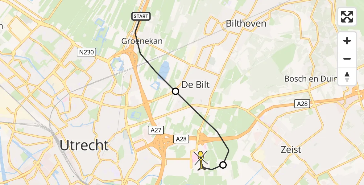 Routekaart van de vlucht: Lifeliner 1 naar Universitair Medisch Centrum Utrecht, Versteeglaan