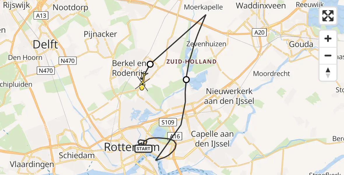 Routekaart van de vlucht: Politieheli naar Bergschenhoek, Van Alkemadehof