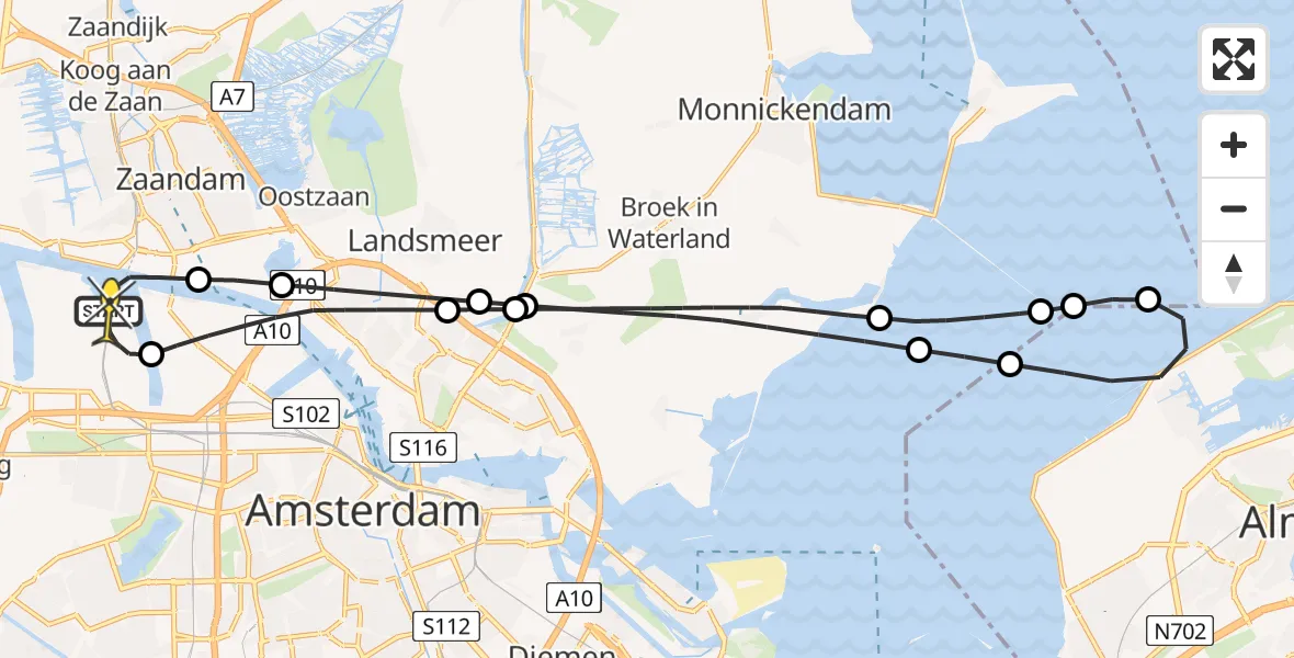 Routekaart van de vlucht: Lifeliner 1 naar Amsterdam Heliport, Grote Tocht