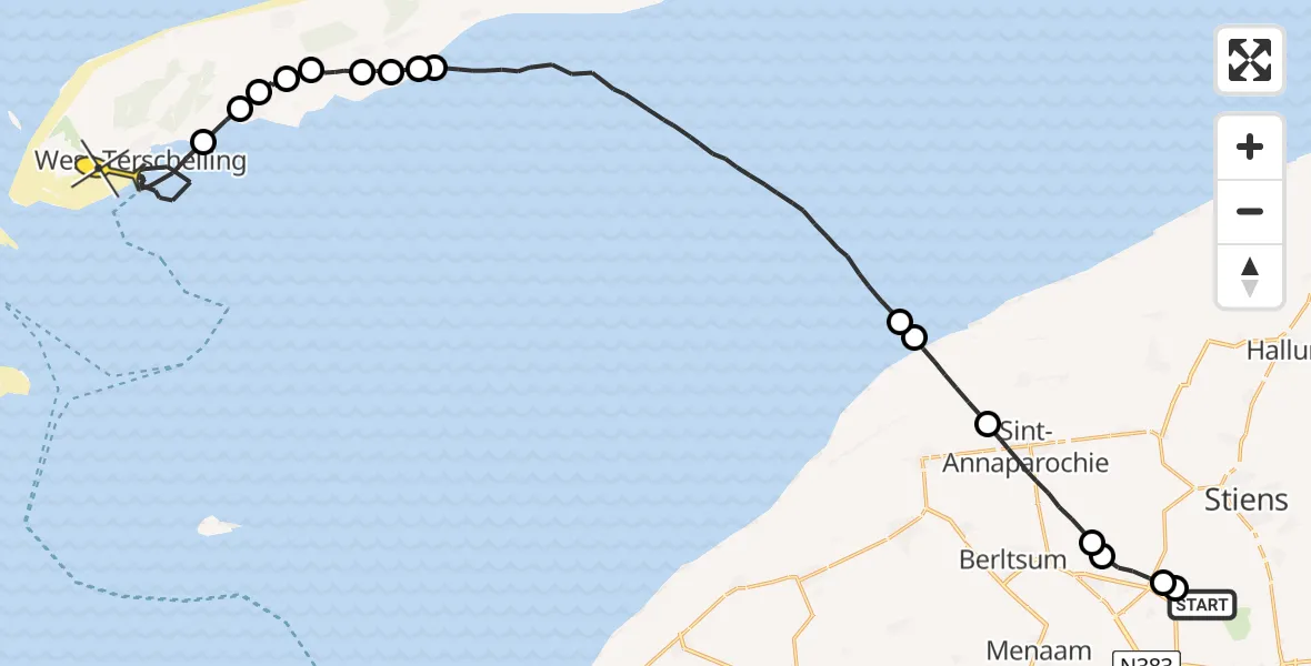 Routekaart van de vlucht: Ambulanceheli naar West-Terschelling, Nijlânsdyk