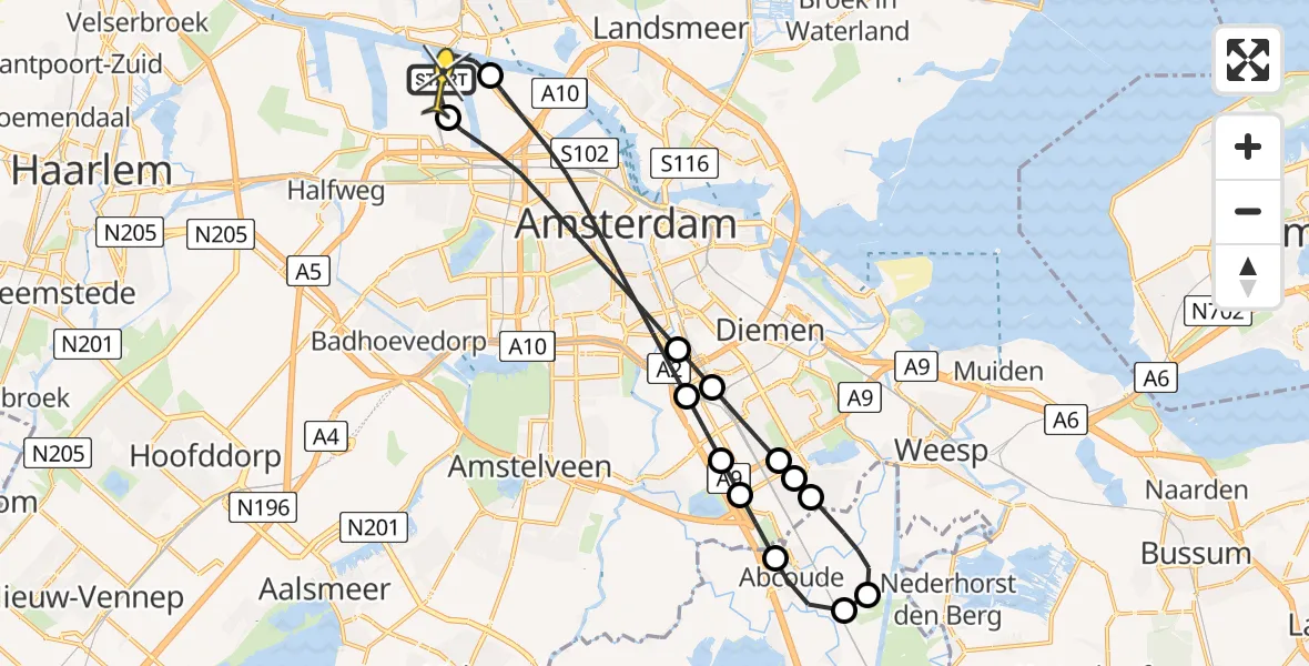 Routekaart van de vlucht: Lifeliner 1 naar Amsterdam Heliport, Grote Tocht