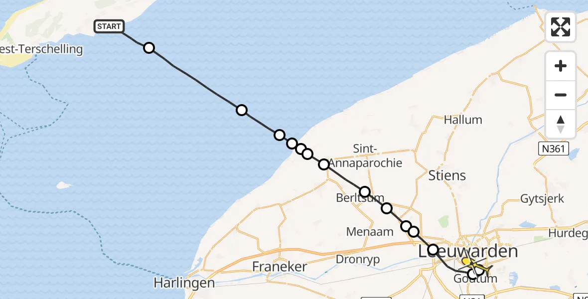 Routekaart van de vlucht: Ambulanceheli naar Leeuwarden, De Keag