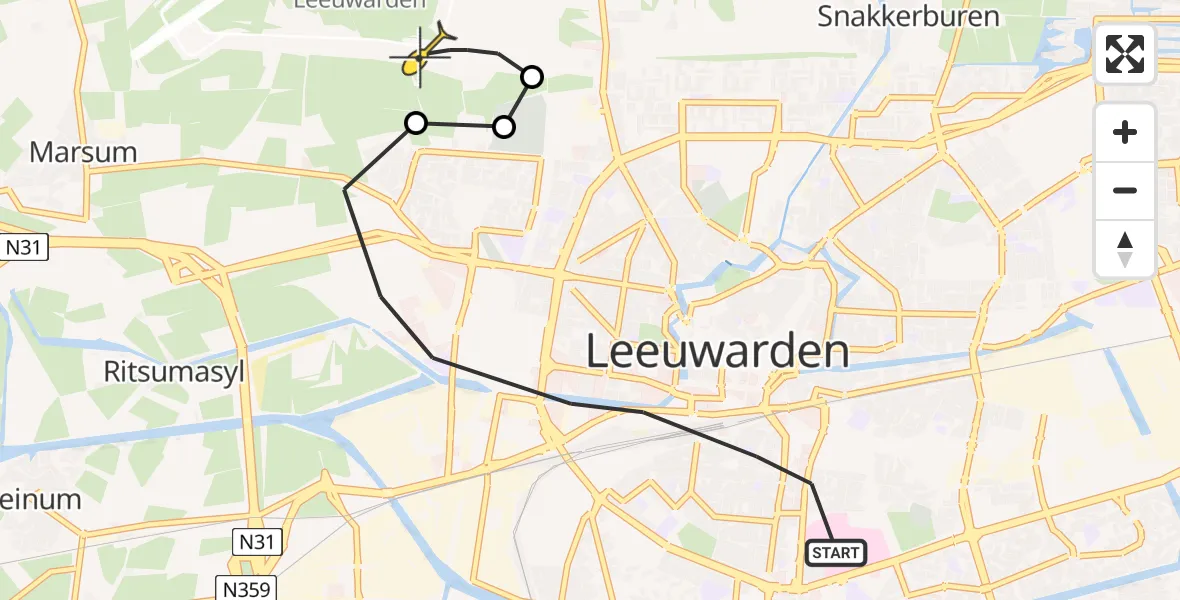 Vluchtroute Ambulancehelikopter van Leeuwarden naar Vliegbasis Leeuwarden