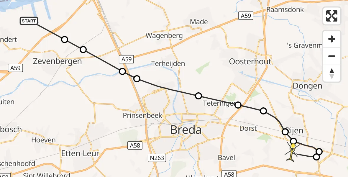 Routekaart van de vlucht: Politiehelikopter naar Vliegbasis Gilze-Rijen, Rijksweg
