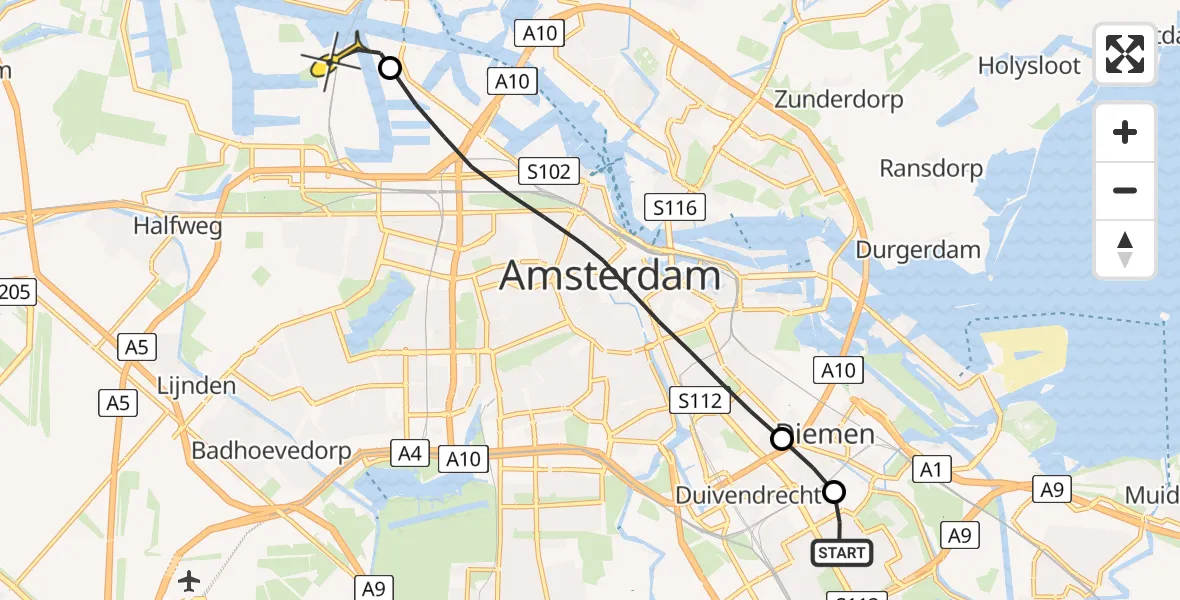 Routekaart van de vlucht: Lifeliner 1 naar Amsterdam Heliport, Karel Appelhof