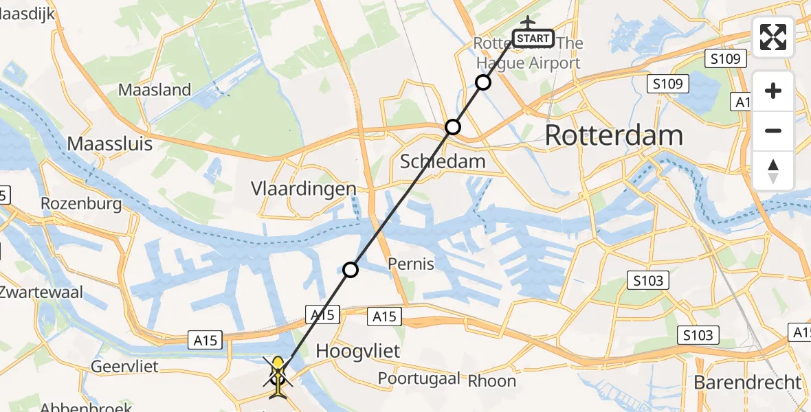 Routekaart van de vlucht: Lifeliner 2 naar Spijkenisse, Overschiese Dorpsstraat