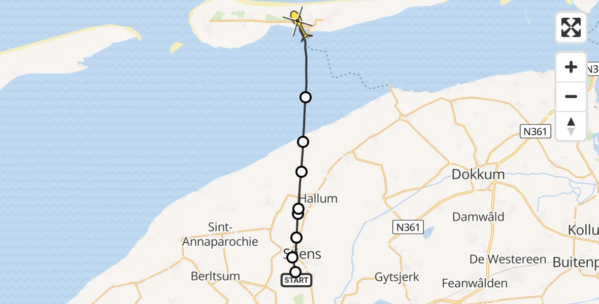 Routekaart van de vlucht: Ambulanceheli naar Nes, Finnedyk