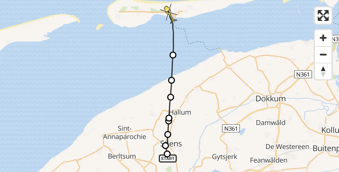 Routekaart van de vlucht: Ambulancehelikopter naar Nes, Finnedyk
