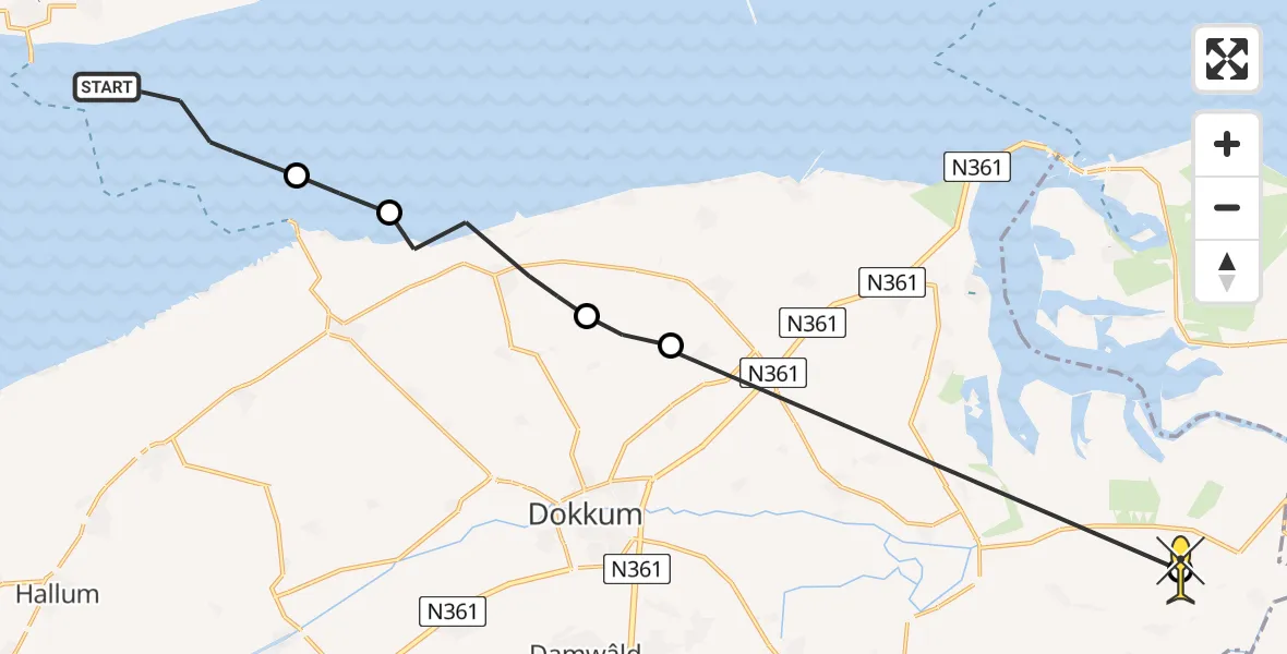 Routekaart van de vlucht: Ambulanceheli naar Warfstermolen, Waddendijk