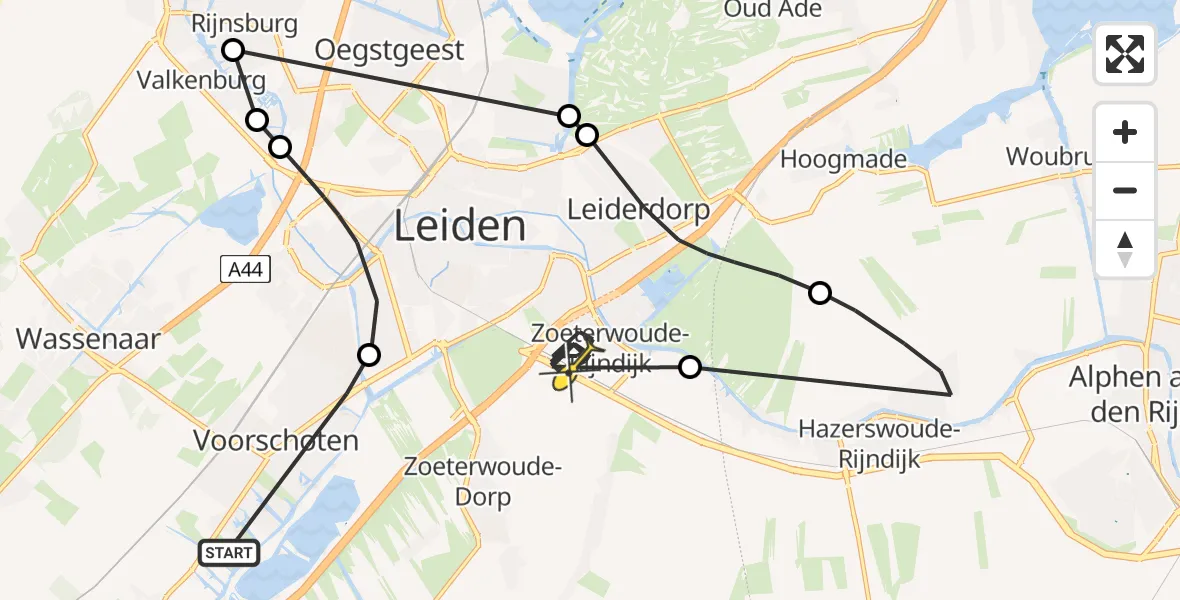 Routekaart van de vlucht: Politiehelikopter naar Zoeterwoude, Lord Baden Powellweg