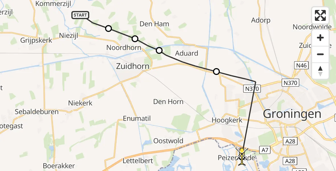 Routekaart van de vlucht: Ambulancehelikopter naar Eelderwolde, Oude Dijk
