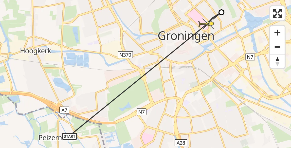 Routekaart van de vlucht: Ambulanceheli naar Universitair Medisch Centrum Groningen, Irislaan