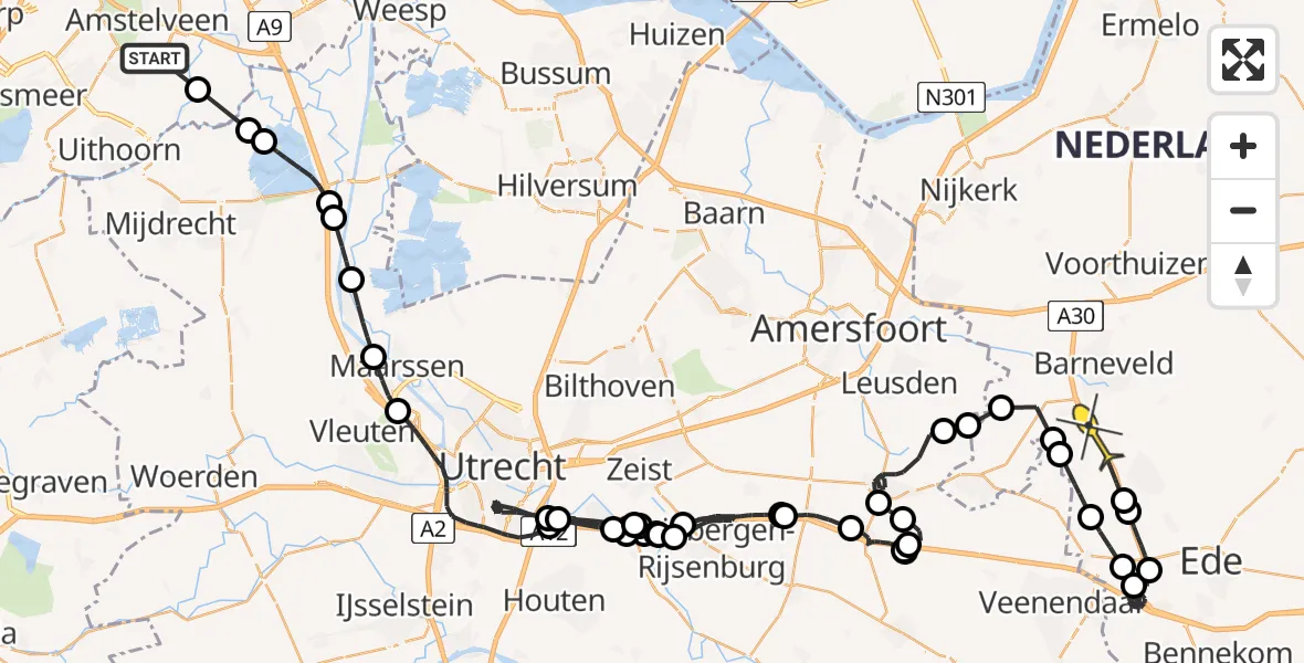 Routekaart van de vlucht: Politieheli naar Lunteren, Ringdijk BP