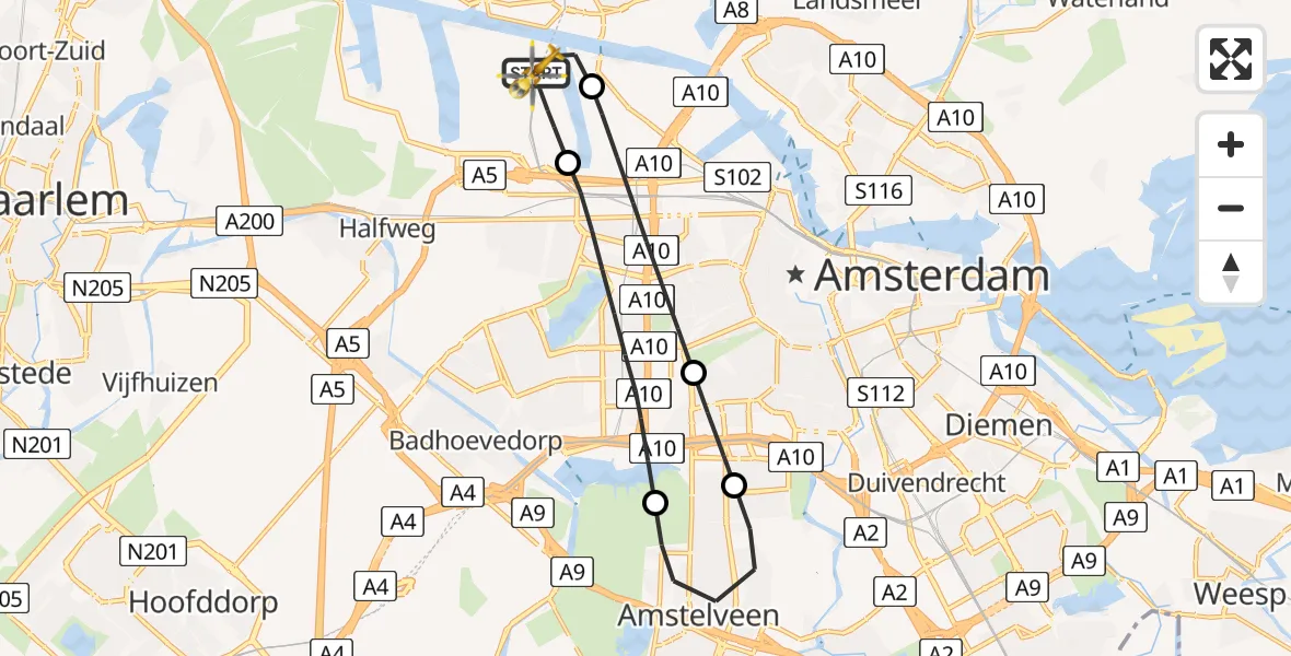 Vluchtroute Traumahelikopter van Amsterdam Heliport naar Amsterdam Heliport