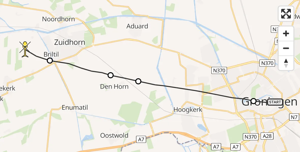 Routekaart van de vlucht: Ambulanceheli naar Zuidhorn, Wilhelminakade