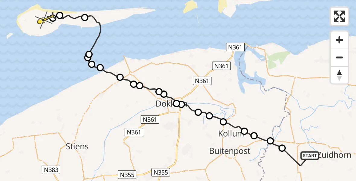 Routekaart van de vlucht: Ambulancehelikopter naar Ameland Airport Ballum, Zandumerweg