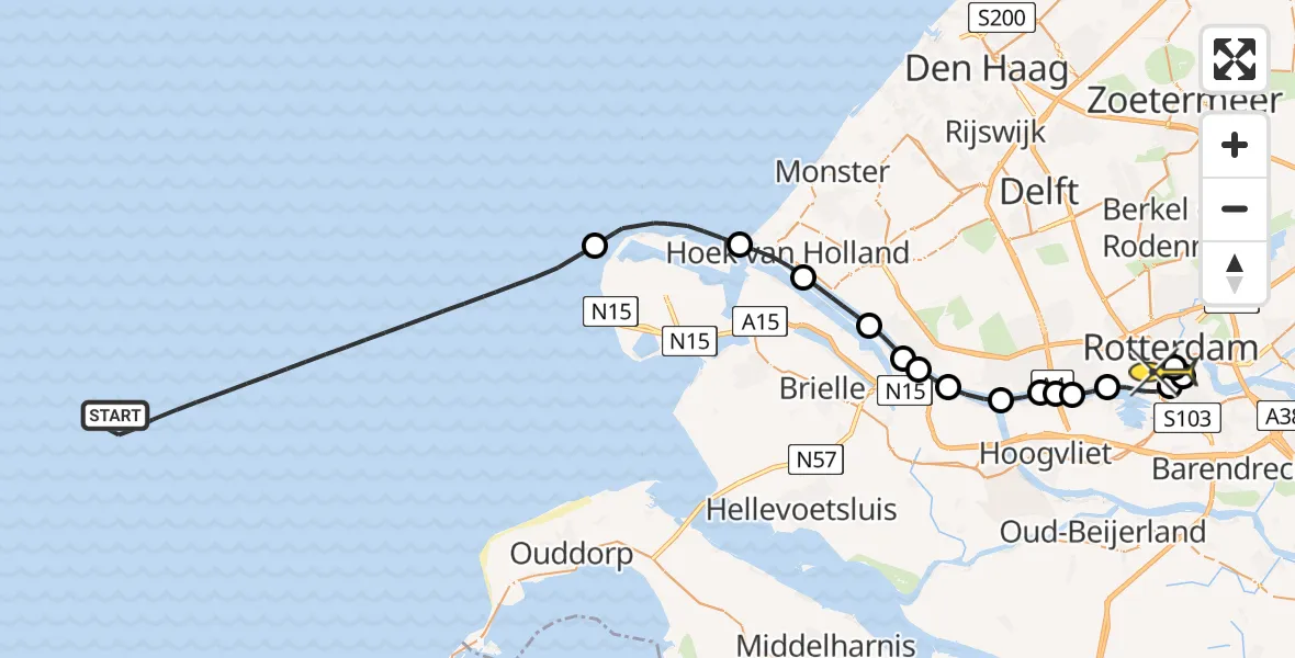 Routekaart van de vlucht: Kustwachthelikopter naar Erasmus MC, Westzeedijk