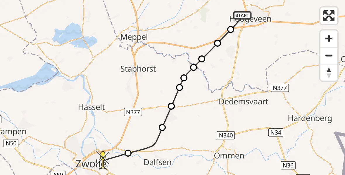 Routekaart van de vlucht: Lifeliner 4 naar Zwolle, Zuidwoldigerweg