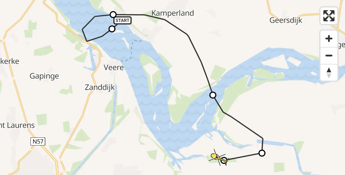 Routekaart van de vlucht: Politieheli naar Vliegveld Midden-Zeeland, Polredijk