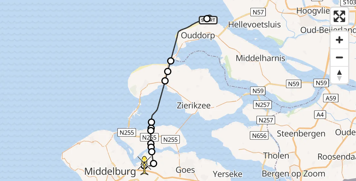 Routekaart van de vlucht: Kustwachthelikopter naar Vliegveld Midden-Zeeland, Calandweg