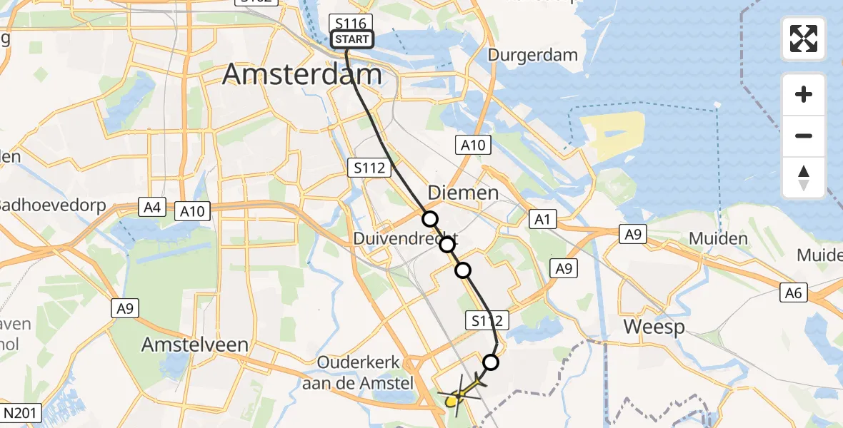 Routekaart van de vlucht: Lifeliner 1 naar Academisch Medisch Centrum (AMC), IJ-tunnel