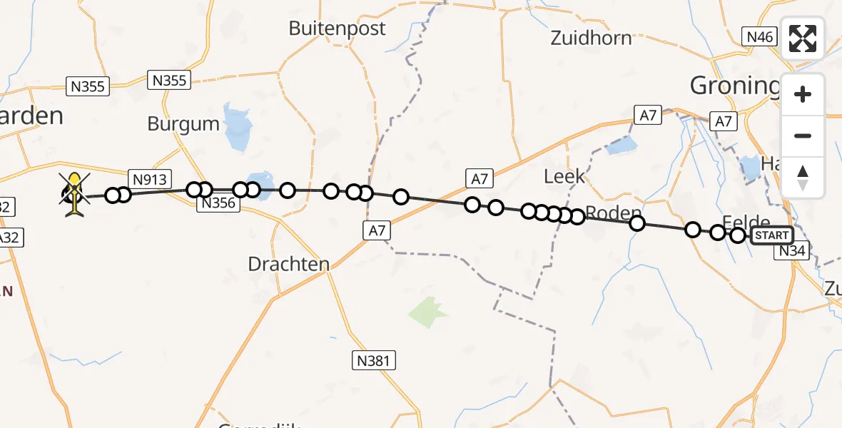 Routekaart van de vlucht: Lifeliner 4 naar Wergea, Molenweg