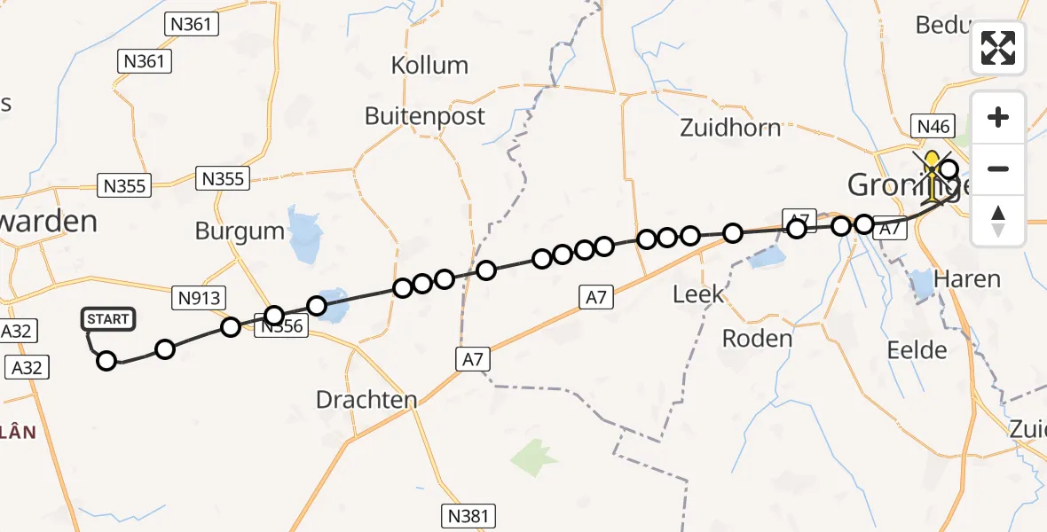 Routekaart van de vlucht: Lifeliner 4 naar Universitair Medisch Centrum Groningen, Waringsleat