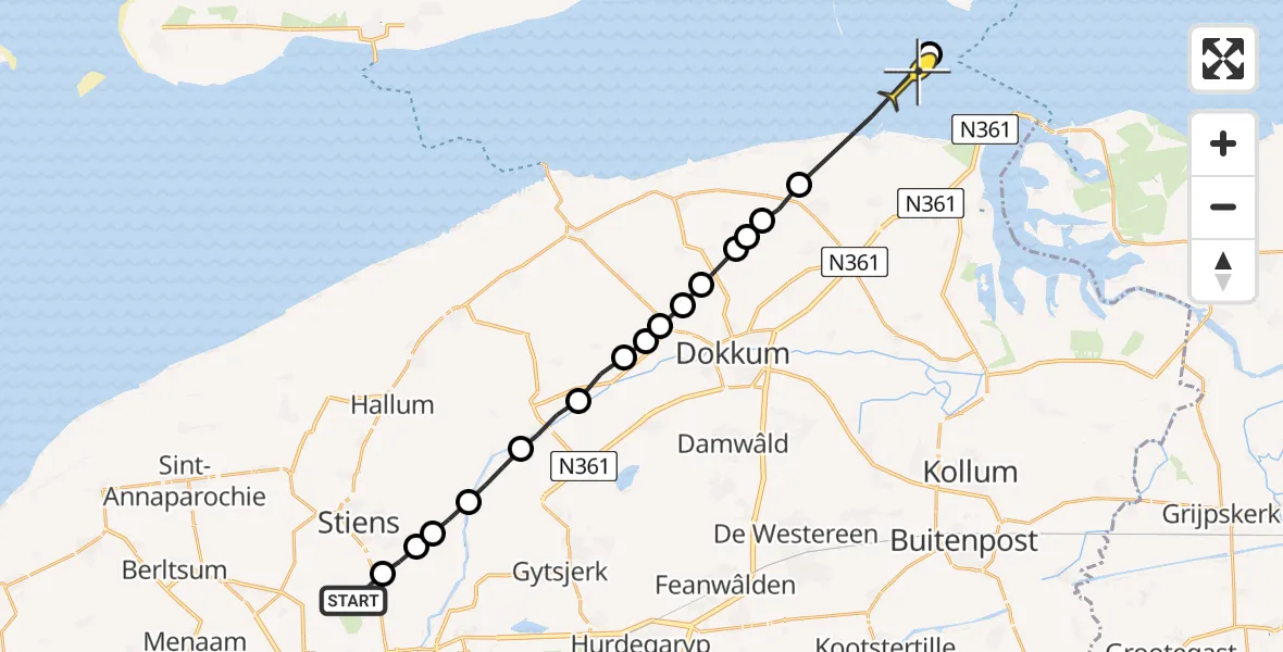 Routekaart van de vlucht: Ambulanceheli naar Schiermonnikoog, Spoardyk