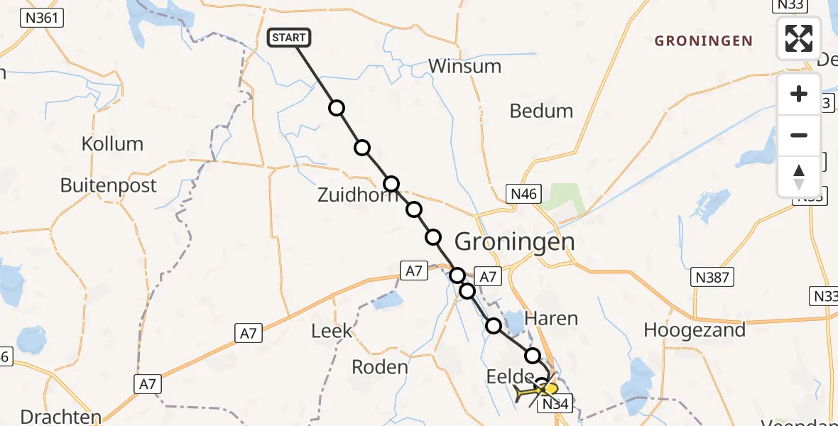 Routekaart van de vlucht: Ambulanceheli naar Groningen Airport Eelde, Kenwerderlaan