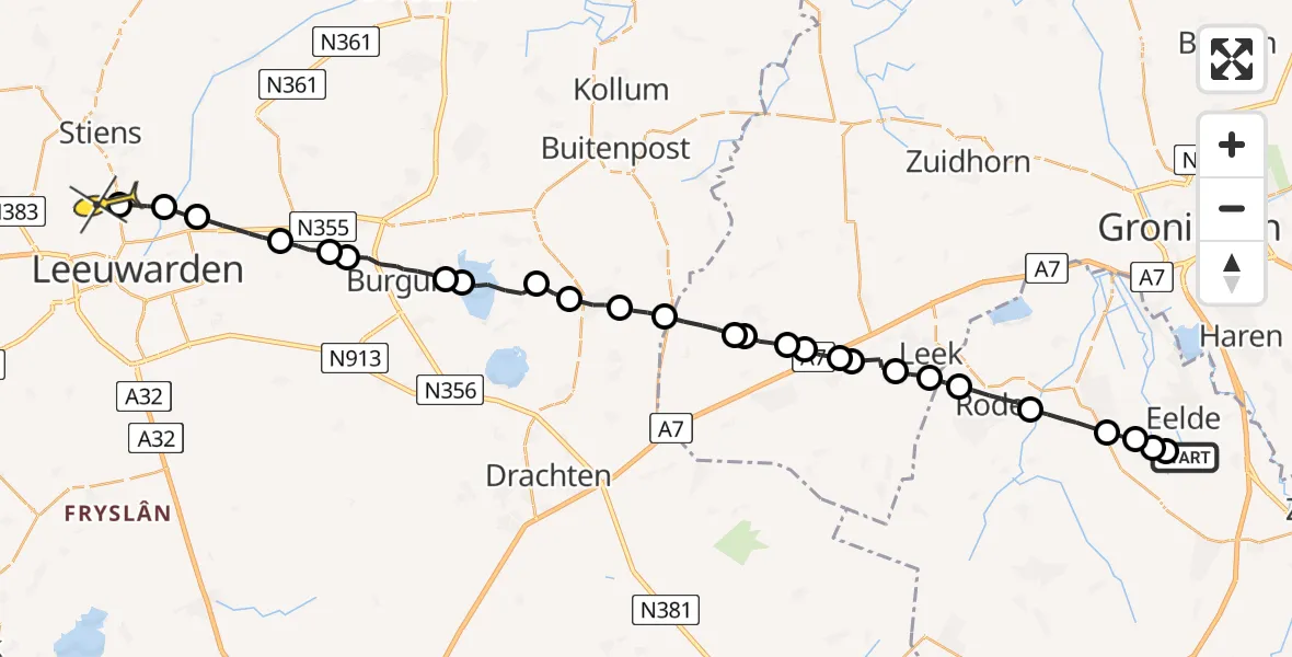Routekaart van de vlucht: Ambulanceheli naar Vliegbasis Leeuwarden, Eelderdiep