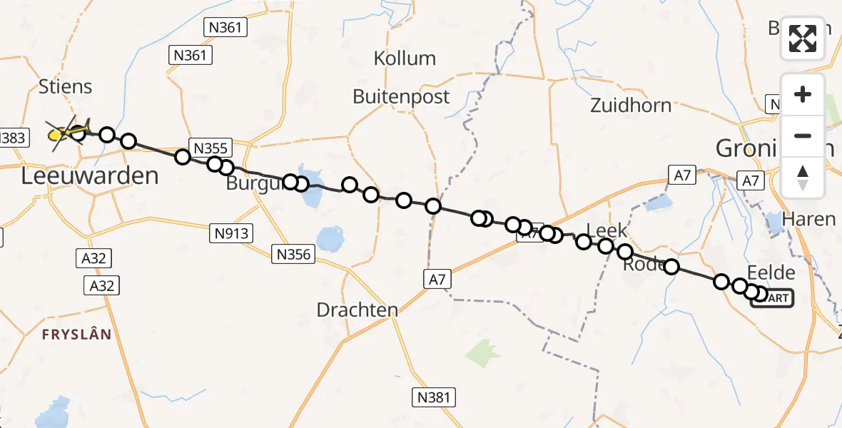 Routekaart van de vlucht: Ambulancehelikopter naar Vliegbasis Leeuwarden, Eelderdiep