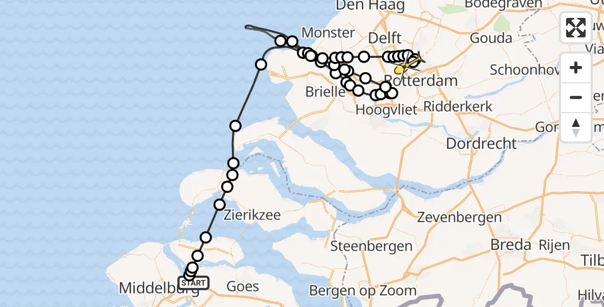 Routekaart van de vlucht: Kustwachthelikopter naar Rotterdam The Hague Airport, Oranjeplaatweg