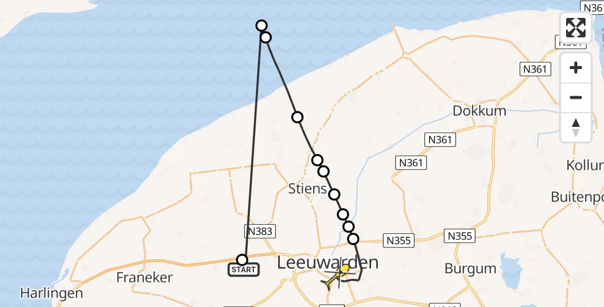 Routekaart van de vlucht: Ambulanceheli naar Leeuwarden, Ryksstrjitwei