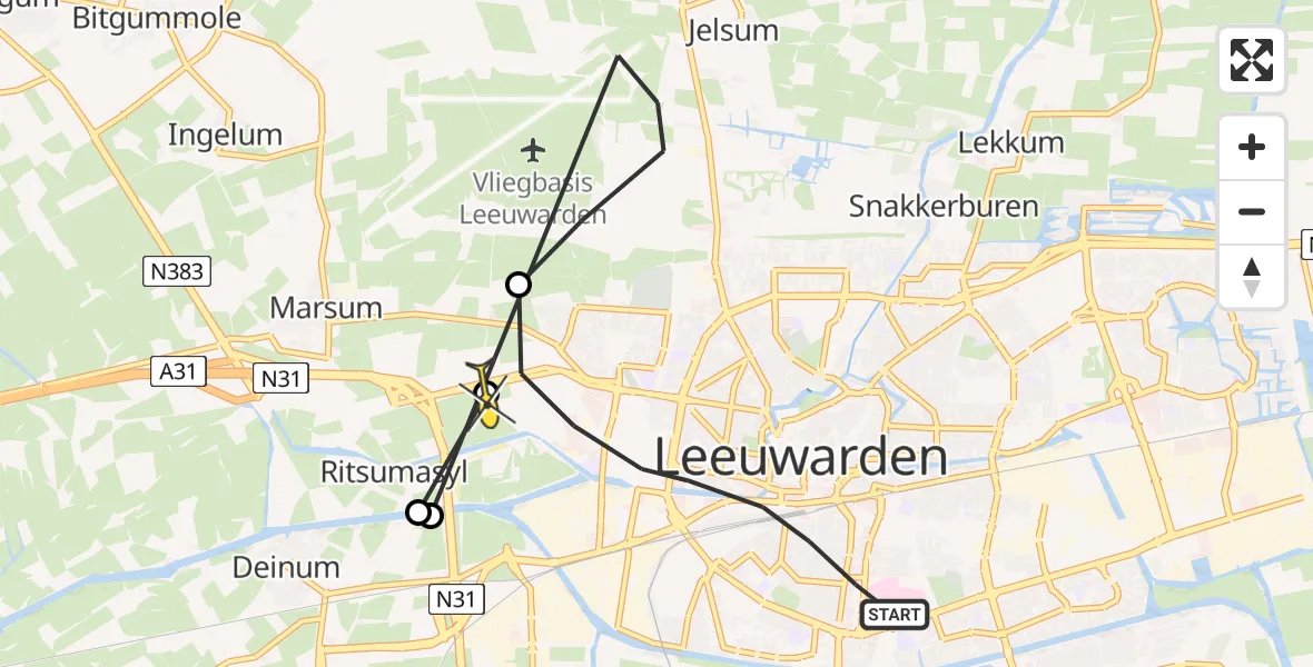 Vluchtroute Ambulancehelikopter van Leeuwarden naar Leeuwarden