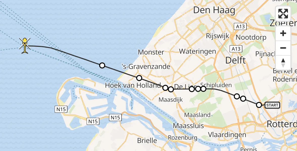 Routekaart van de vlucht: Kustwachthelikopter naar Delftweg